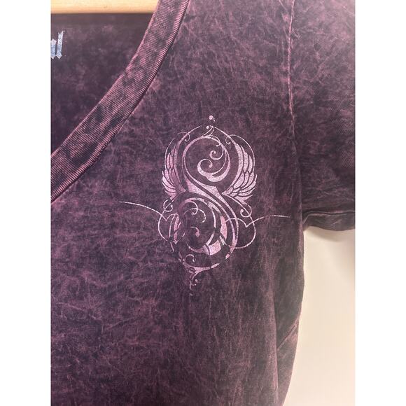 Sinful Crystal Rhinestone Angel Wing Purple Women’s Short Sleeve T-Shirt Small - Picture 9 of 11